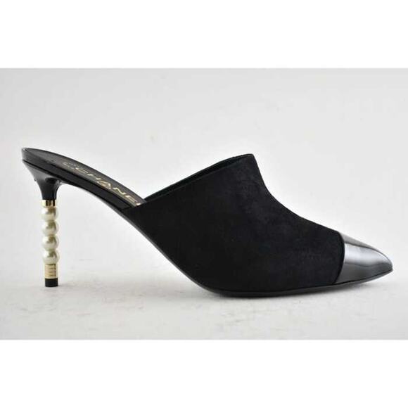 Chanel 20C Paris In Rome Pearl Black Suede Patent CC Mule Slide Heel Pump 41 - Picture 1 of 7